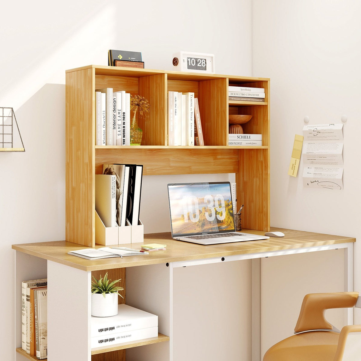 Computer Desktop Bookcase with 4 Cubbies and Open Back Compartment-Beige view 2