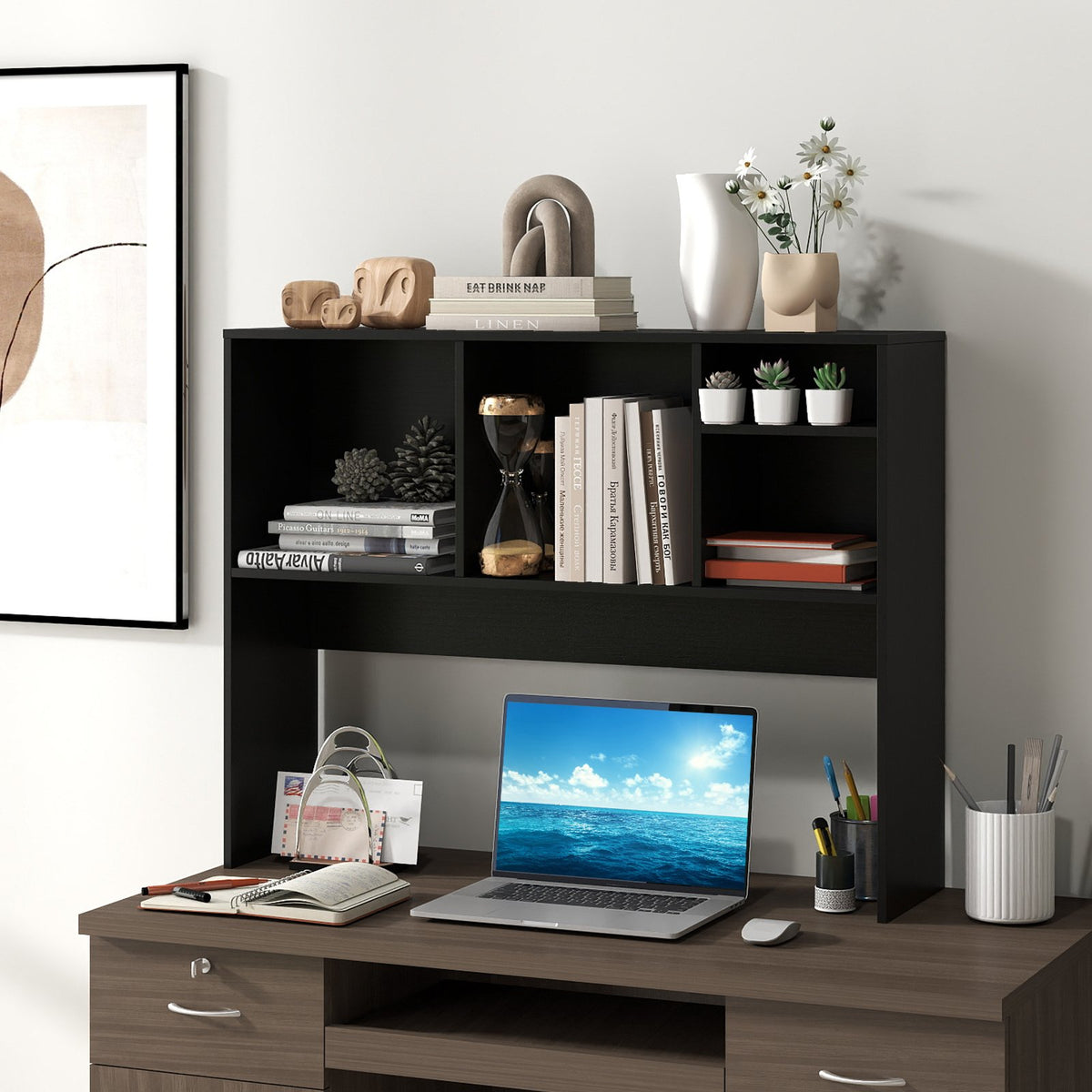 Computer Desktop Bookcase with 4 Cubbies and Open Back Compartment-Black view 2