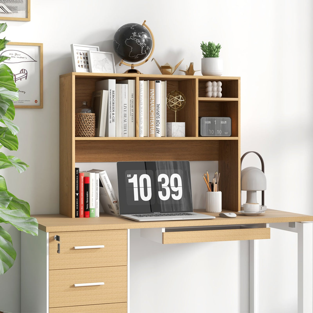 Computer Desktop Bookcase with 4 Cubbies and Open Back Compartment-Natural view 2