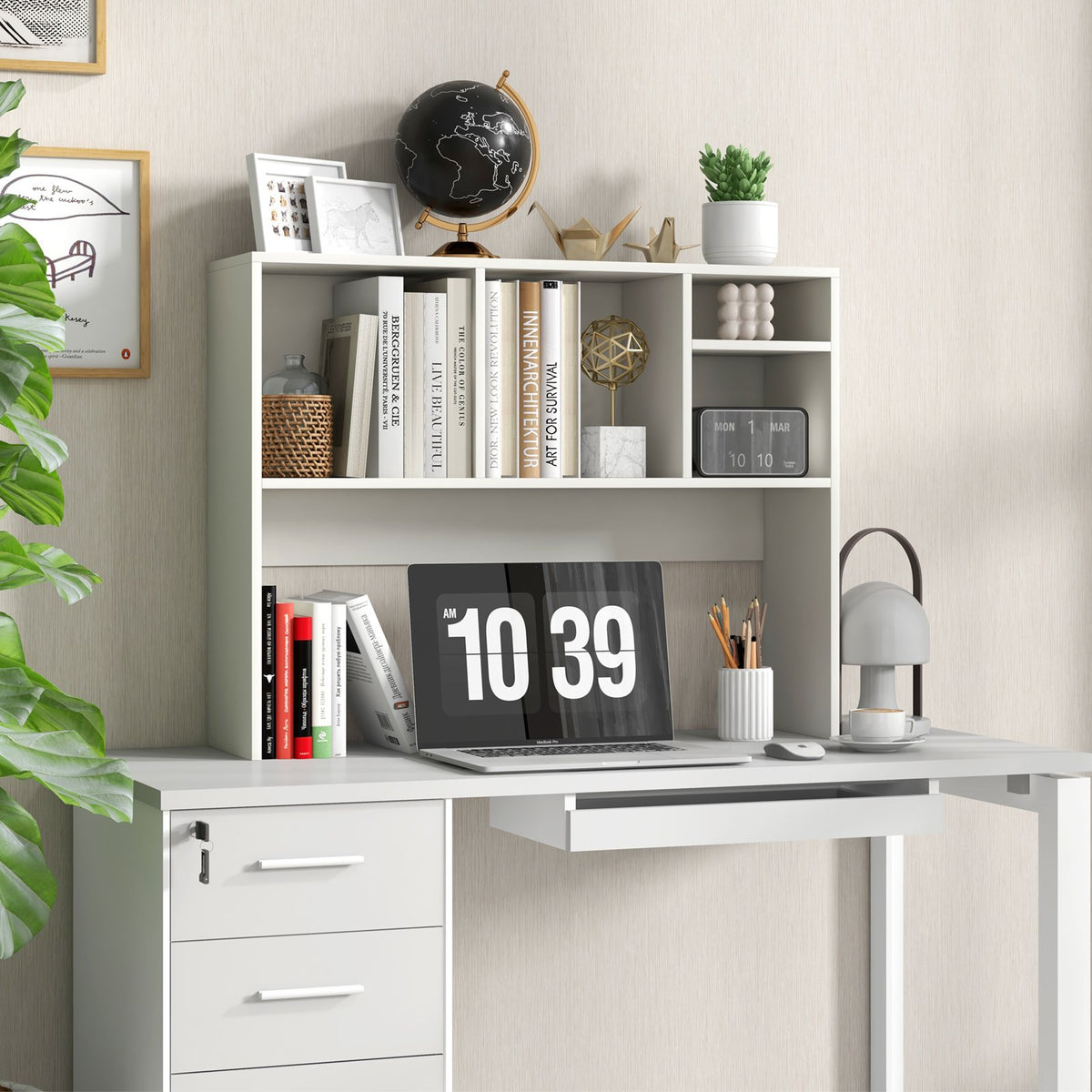 Computer Desktop Bookcase with 4 Cubbies and Open Back Compartment-White view 2
