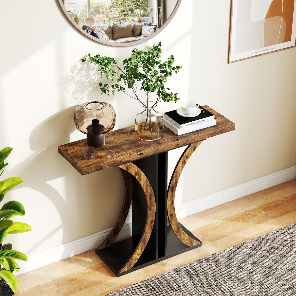 Console Table 39.5 Inch Rectangular Entryway Table with Geometric Frame-Rustic Brown view 2