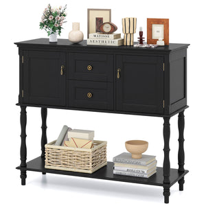 Console Table with 2 Drawers and 2 Door Cabinets and Bottom Storage Shelf-Black view 4