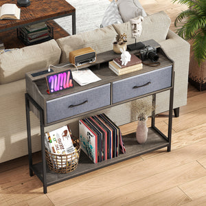 Console Table with Charging Station 110 cm Narrow Entryway Table with 2 Drawers and Shelves-Gray view 6