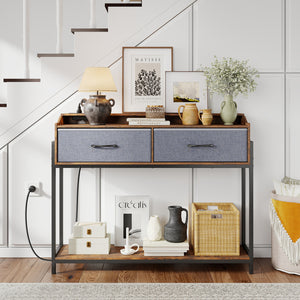 Console Table with Charging Station 110 cm Narrow Entryway Table with 2 Drawers and Shelves-Rustic Brown view 2