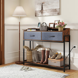 Console Table with Charging Station 110 cm Narrow Entryway Table with 2 Drawers and Shelves-Rustic Brown view 3