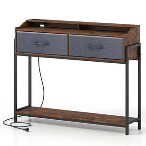 Console Table with Charging Station 110 cm Narrow Entryway Table with 2 Drawers and Shelves-Rustic Brown view 4