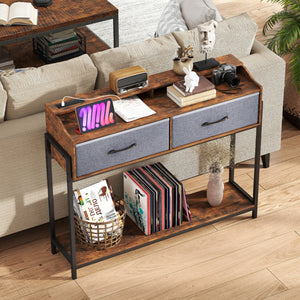 Console Table with Charging Station 110 cm Narrow Entryway Table with 2 Drawers and Shelves-Rustic Brown view 6