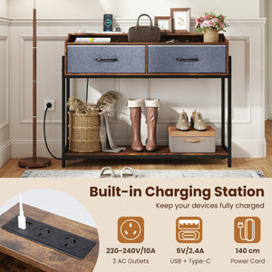 Console Table with Charging Station 110 cm Narrow Entryway Table with 2 Drawers and Shelves-Rustic Brown view 7