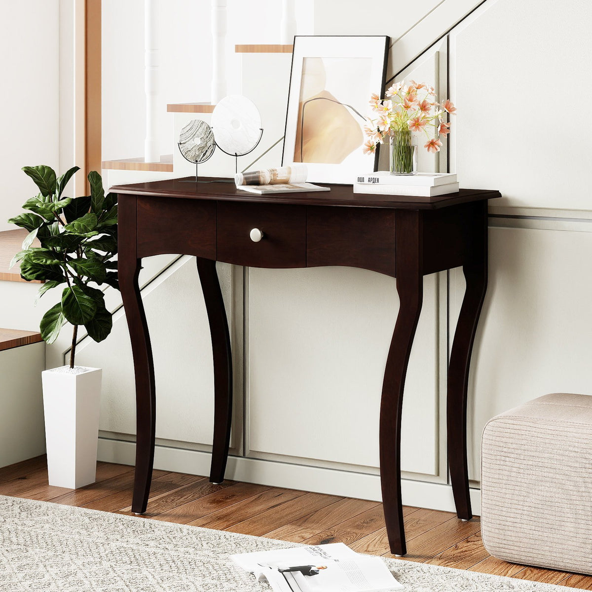 Console Table with Drawer and Solid Wood Frame-Espresso view 2