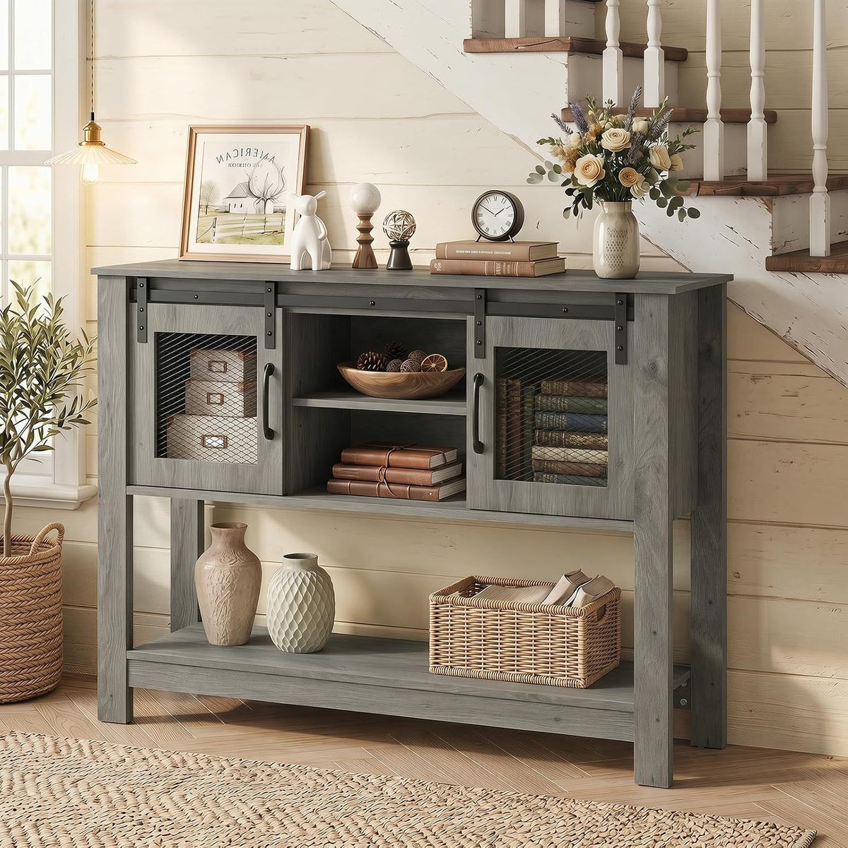 Console Table with Sliding Barn Doors and Storage Cabinets-Gray view 2