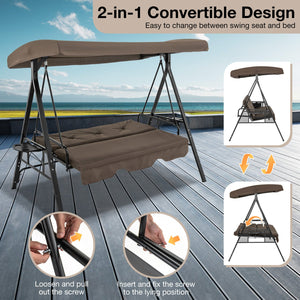 Convertible 3-Seat Patio Porch Swing Chair to Flat Bed with Adjustable Canopy-Brown view 8