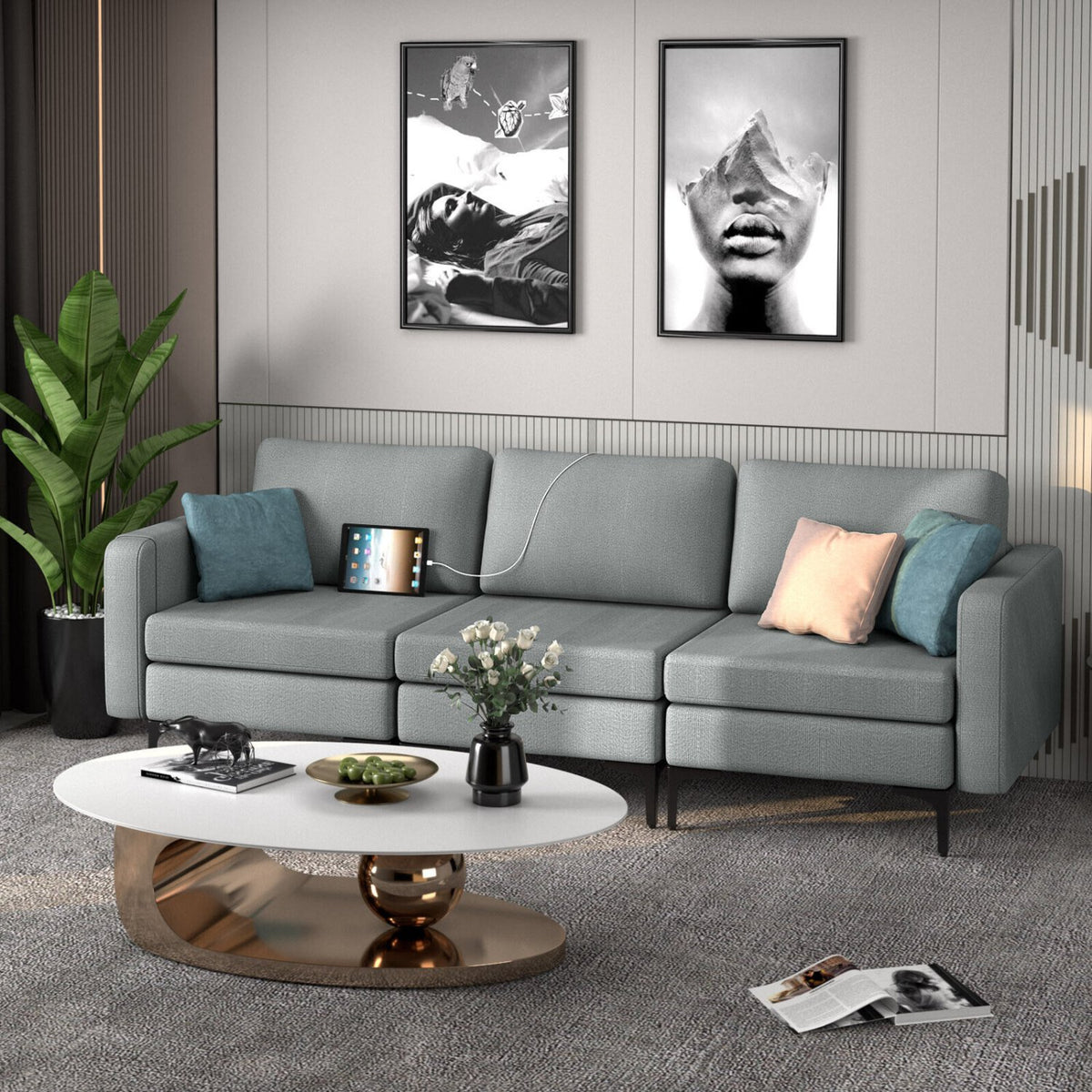 Convertible Leather Sofa Couch with Magazine Pockets 3-Seat with 2 USB Port-Dark Gray view 2