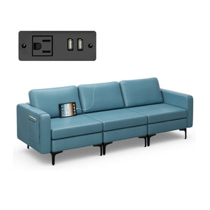 Convertible Leather Sofa Couch with Magazine Pockets 3-Seat with 2 USB Port-Blue view 4