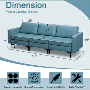 Convertible Leather Sofa Couch with Magazine Pockets 3-Seat with 2 USB Port-Blue view 5