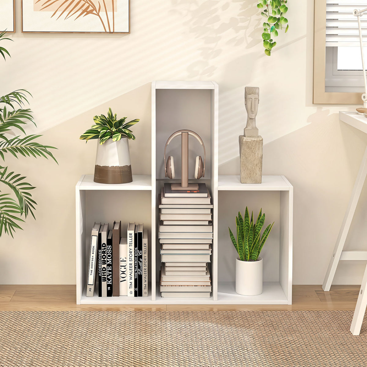 Convex Bookshelf with 3 Open Shelves & Anti-Toppling Device for Living Room-White view 2