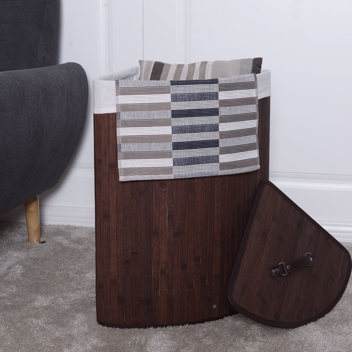 Corner Bamboo Hamper Laundry Basket-Brown view 2