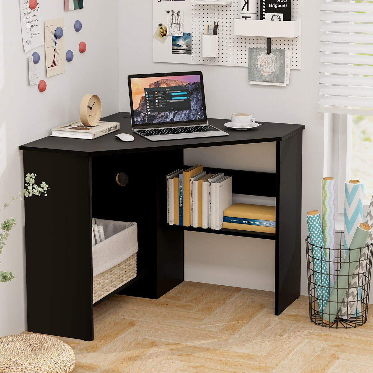 Corner Computer Desk Triangle Writing Workstation with Storage Shelf-Black view 2