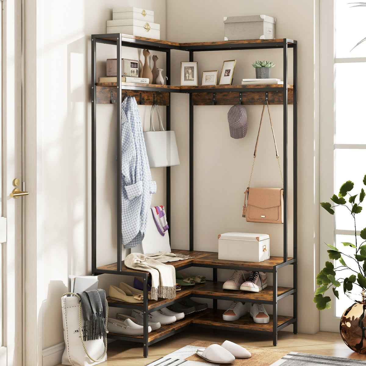 Corner Garment Rack with Open Shelves and 7 Hooks Shoe Bench-Rustic Brown view 2