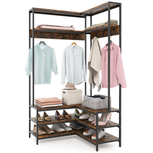 Corner Garment Rack with Open Shelves and 7 Hooks Shoe Bench-Rustic Brown view 4