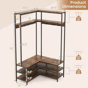 Corner Garment Rack with Open Shelves and 7 Hooks Shoe Bench-Rustic Brown view 5