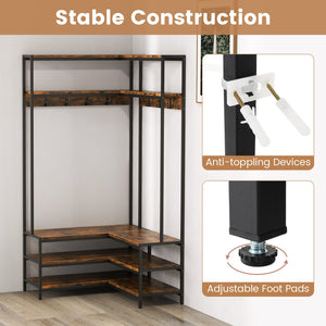 Corner Garment Rack with Open Shelves and 7 Hooks Shoe Bench-Rustic Brown view 8