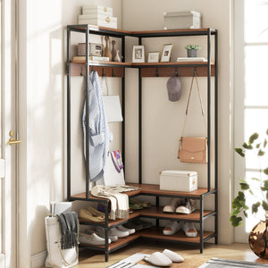Corner Garment Rack with Open Shelves and 7 Hooks Shoe Bench-Walnut view 2