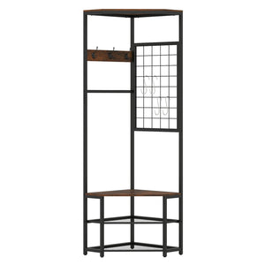 Corner Hall Tree Freestanding Coat Rack with Storage Shelves Removable Hooks-Brown