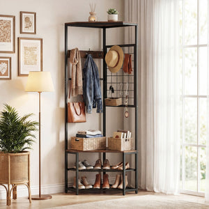 Corner Hall Tree Freestanding Coat Rack with Storage Shelves Removable Hooks-Brown view 2