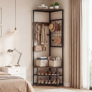 Corner Hall Tree Freestanding Coat Rack with Storage Shelves Removable Hooks-Brown view 3