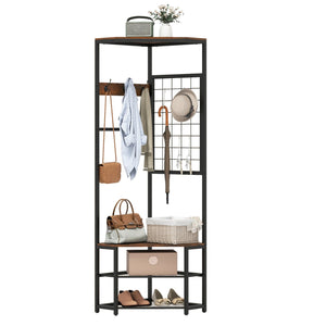 Corner Hall Tree Freestanding Coat Rack with Storage Shelves Removable Hooks-Brown view 4
