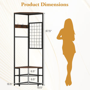 Corner Hall Tree Freestanding Coat Rack with Storage Shelves Removable Hooks-Brown view 5