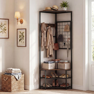 Corner Hall Tree Freestanding Coat Rack with Storage Shelves Removable Hooks-Brown view 6