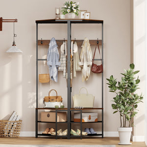 Corner Hall Tree Freestanding Coat Rack with Storage Shelves Removable Hooks-Brown view 7