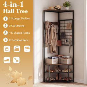 Corner Hall Tree Freestanding Coat Rack with Storage Shelves Removable Hooks-Brown view 8