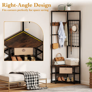 Corner Hall Tree Freestanding Coat Rack with Storage Shelves Removable Hooks-Brown view 9