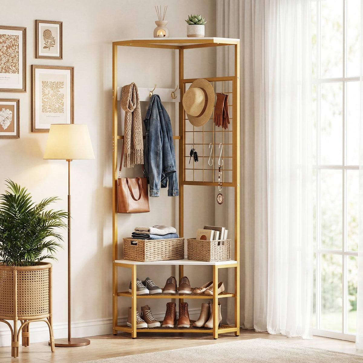 Corner Hall Tree Freestanding Coat Rack with Storage Shelves Removable Hooks-White view 2