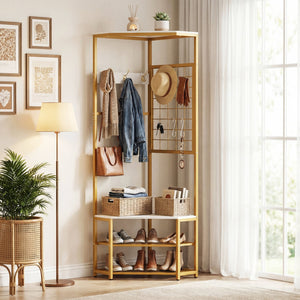 Corner Hall Tree Freestanding Coat Rack with Storage Shelves Removable Hooks-White view 2