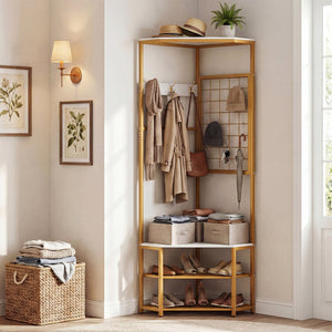 Corner Hall Tree Freestanding Coat Rack with Storage Shelves Removable Hooks-White view 3