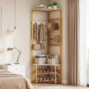 Corner Hall Tree Freestanding Coat Rack with Storage Shelves Removable Hooks-White view 6
