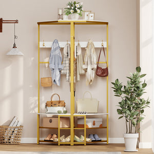 Corner Hall Tree Freestanding Coat Rack with Storage Shelves Removable Hooks-White view 7