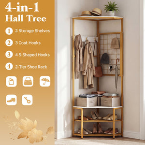 Corner Hall Tree Freestanding Coat Rack with Storage Shelves Removable Hooks-White view 8