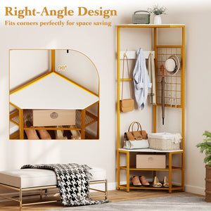 Corner Hall Tree Freestanding Coat Rack with Storage Shelves Removable Hooks-White view 9
