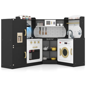 Corner Kids Play Kitchen with Washing Machine and Ice Maker Gift for Boys Girls-Black view 3