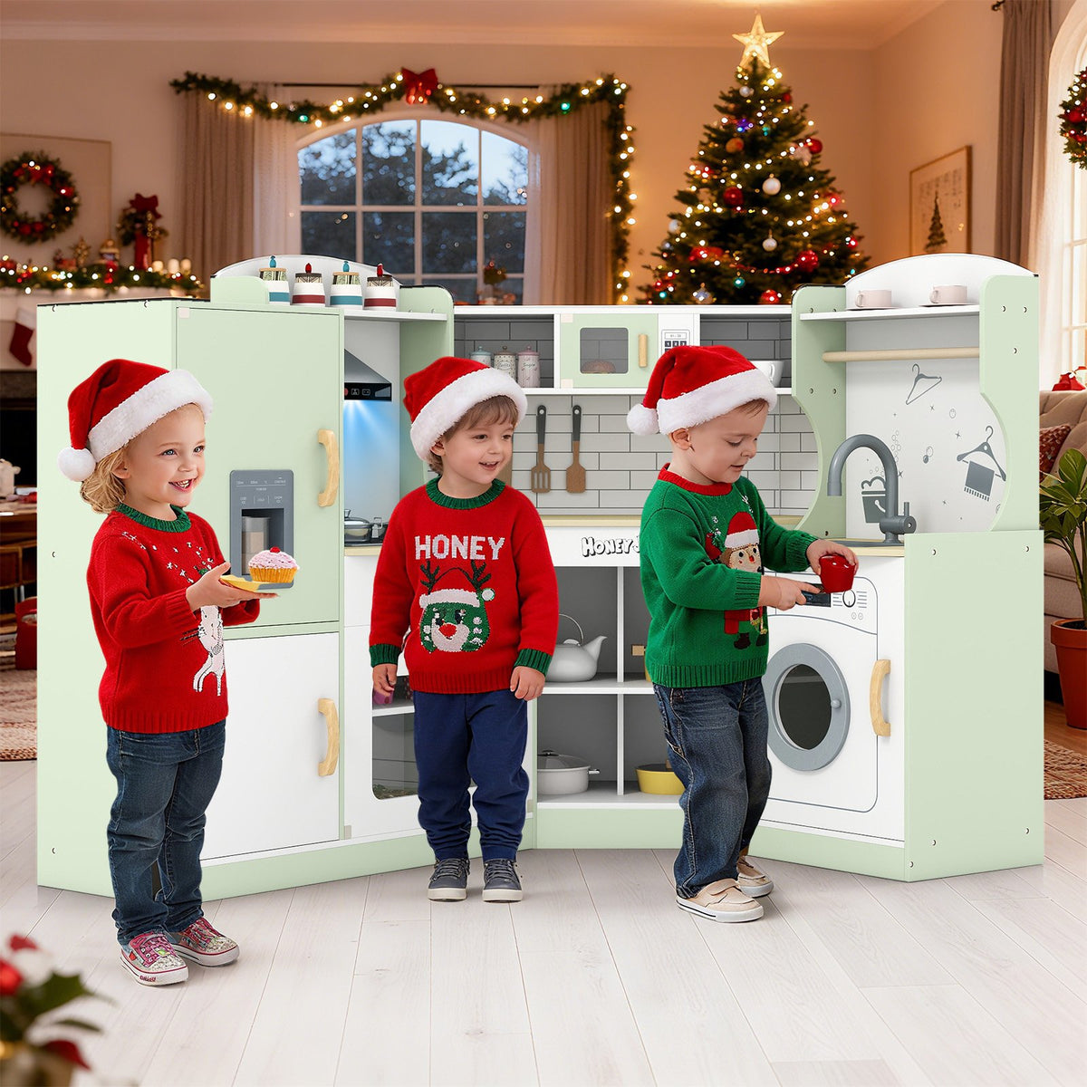 Corner Kids Play Kitchen with Washing Machine and Ice Maker Gift for Boys Girls-Green view 2