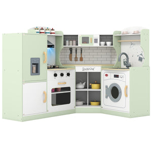 Corner Kids Play Kitchen with Washing Machine and Ice Maker Gift for Boys Girls-Green view 3
