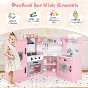 Corner Kids Play Kitchen with Washing Machine and Ice Maker Gift for Boys Girls-Pink view 6