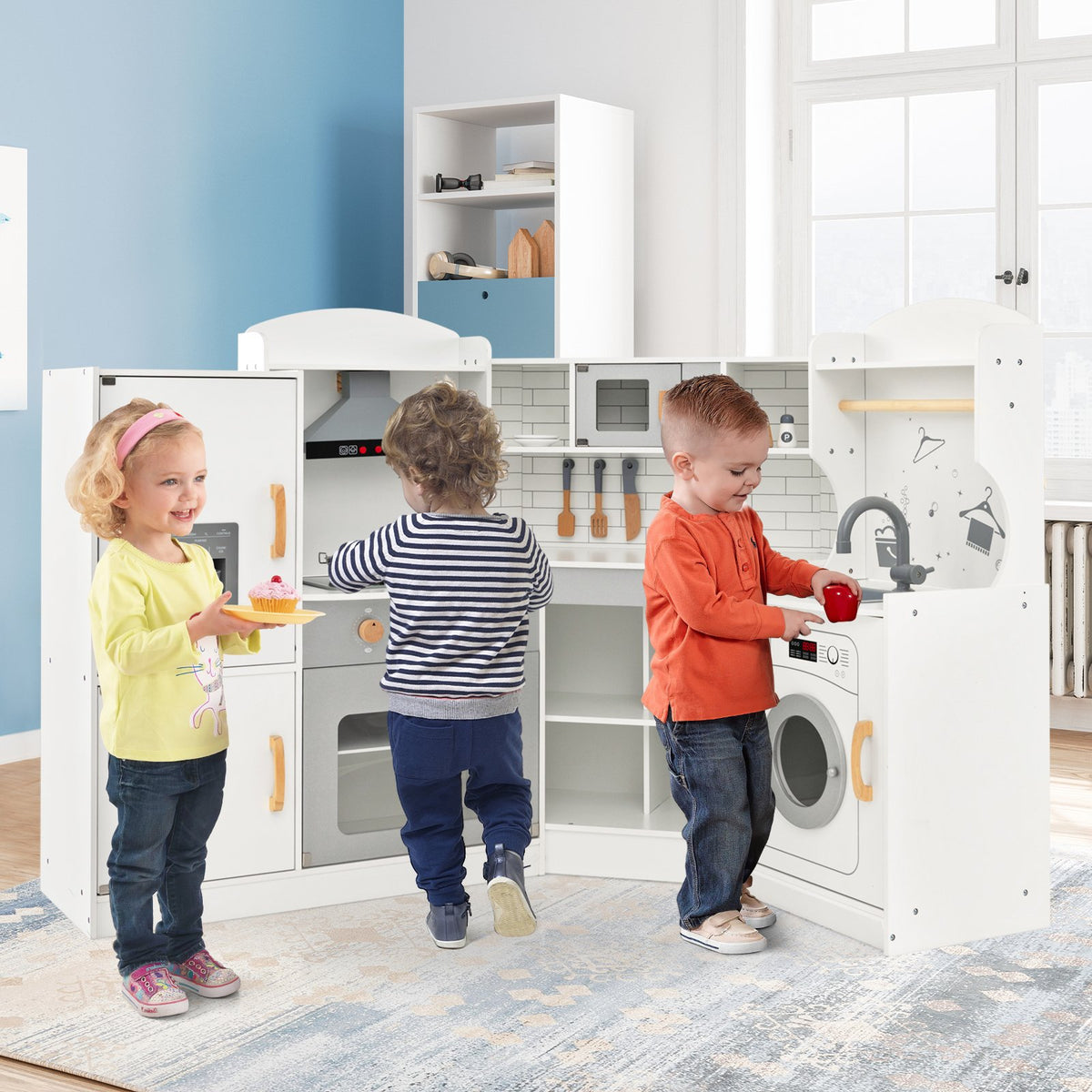 Corner Kids Play Kitchen with Washing Machine and Ice Maker Gift for Boys Girls-White view 2