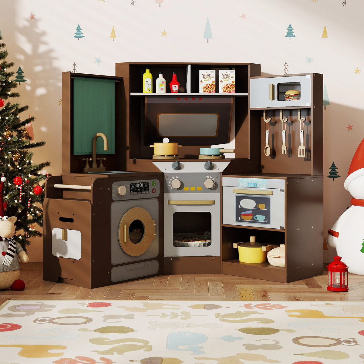 Corner Kitchen Toys with Lights and Sounds with Pull-out Trash Can and Stoves-Coffee view 2