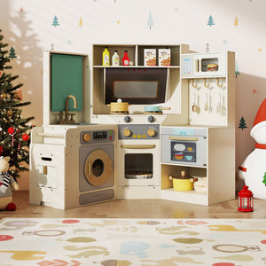 Corner Kitchen Toys with Lights and Sounds with Pull-out Trash Can and Stoves-Off White view 2