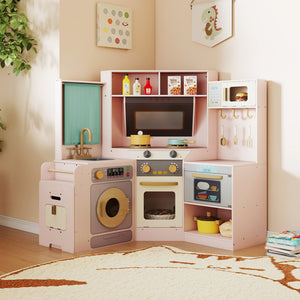 Corner Kitchen Toys with Lights and Sounds with Pull-out Trash Can and Stoves-Pink view 3